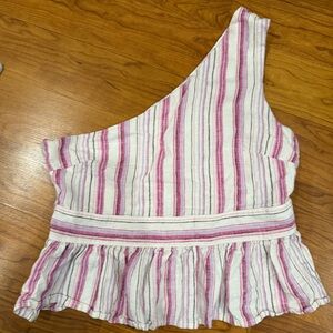 Francesca's Mi Ami Pink and White Striped One Shoulder Blouse